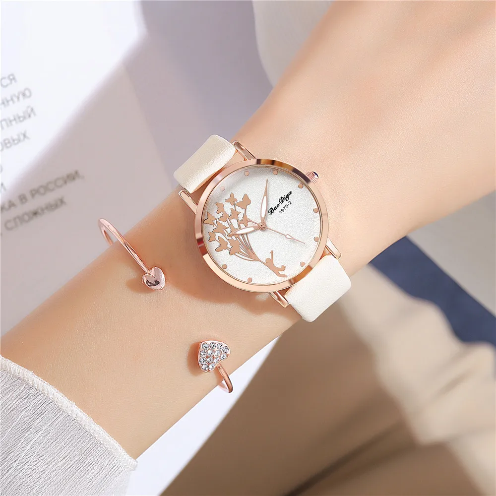 

Fashion Simple Belt Ladies Watch Butterfly Cartoon Pattern Quartz Ladies Temperament Fine Belt Watch 2 Pieces Set