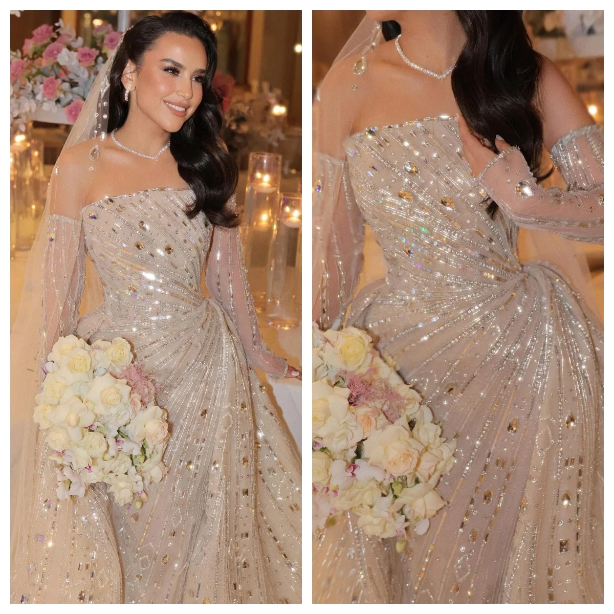 

Gorgeous Evening Dresses Mermaid Strapless Beaded Lace Crystals Detachable Train Backless Prom Dress Vestido De Noite Customized