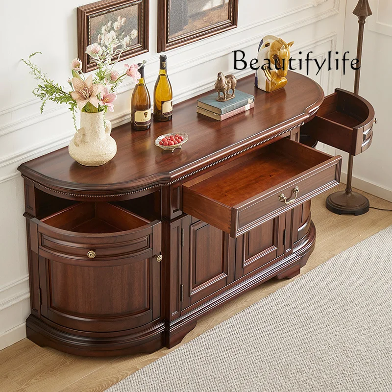 American-style solid wood sideboard, black walnut semi-round entrance cabinet, living room, multi-functional storage cabinet