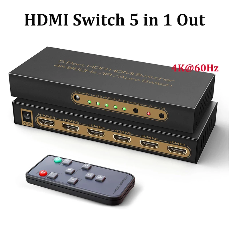 4K@60Hz HDMI Switch 5 in 1 Out, 5 Way HDMI Switcher Selector Box with IR Remote Support Auto Switch CEC HDCP2.2 18Gbps