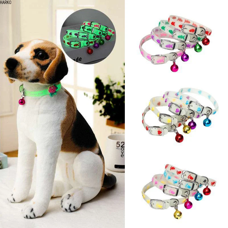 Pet Dog Cat Glowing Collars with Bells Glow at Night Adjustable Fluorescent Silicone Necklace Pet Light Luminous Neck Ring