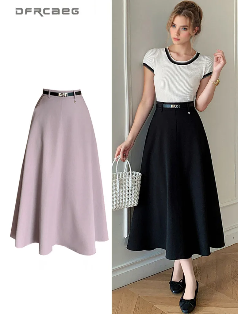 

Korean Style Casual Summer Women's Long Skirt With Belt High Waist Elegant Office OL Fashion Big Swing Midi A-Line Skirts Female