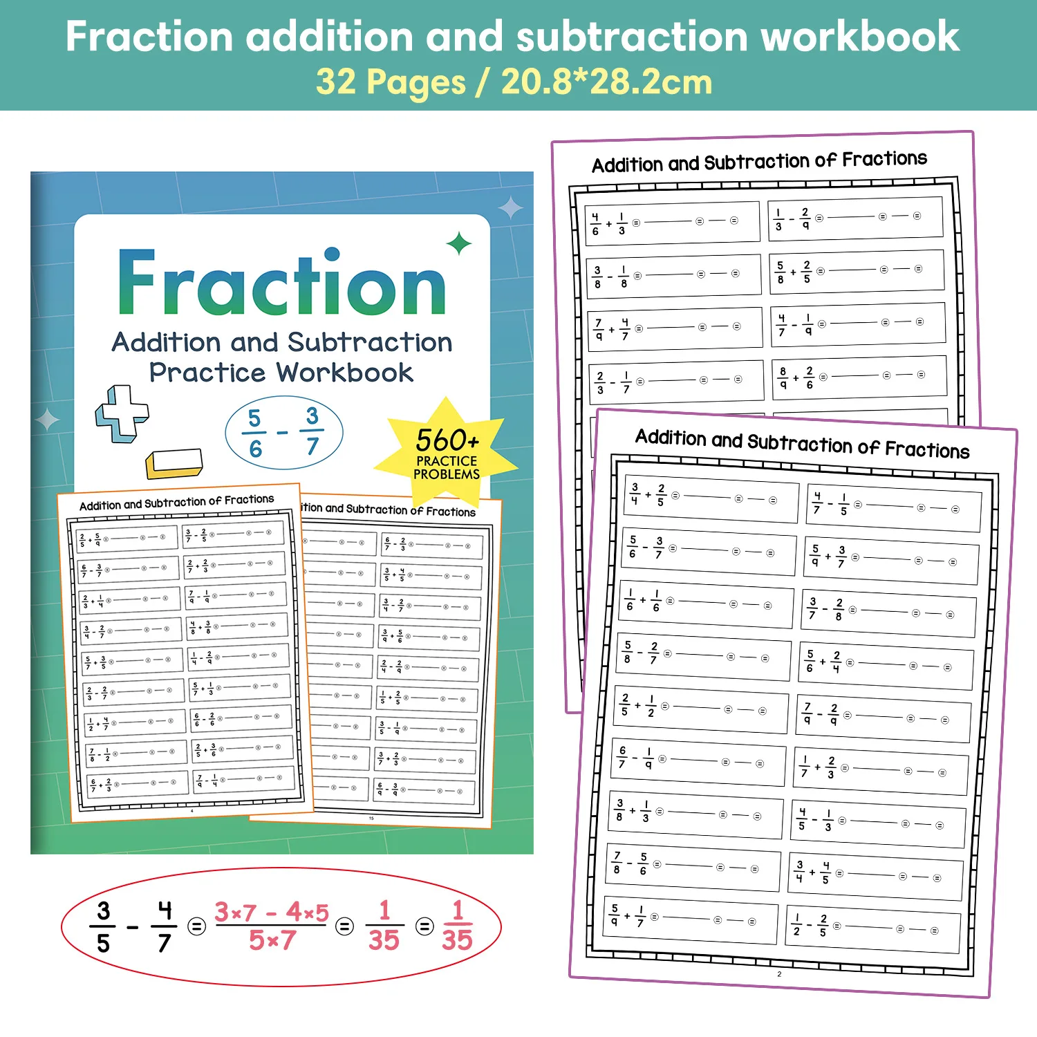 Kids Math Practice Book Adding and Subtracting Training Steps Decomposition Fractional Multiplication Division
