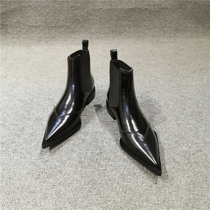 2024 Fashionable patent leather pointed Chelsea boots flat bottomed short boots English style bare boots,  boots for women