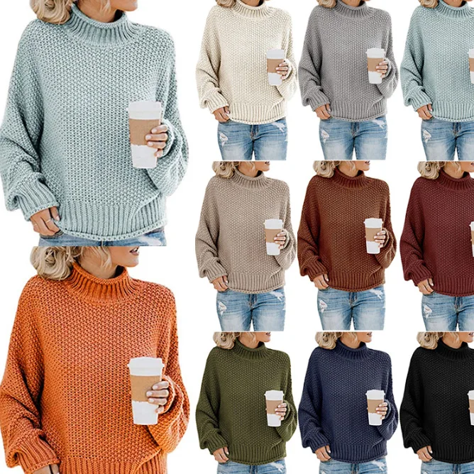 

2026 New Women's Fashion Solid Color Coarse Needle Half High Collar Hoodie Bat Sleeve Knitted Sweater Loose Sweater In Stock