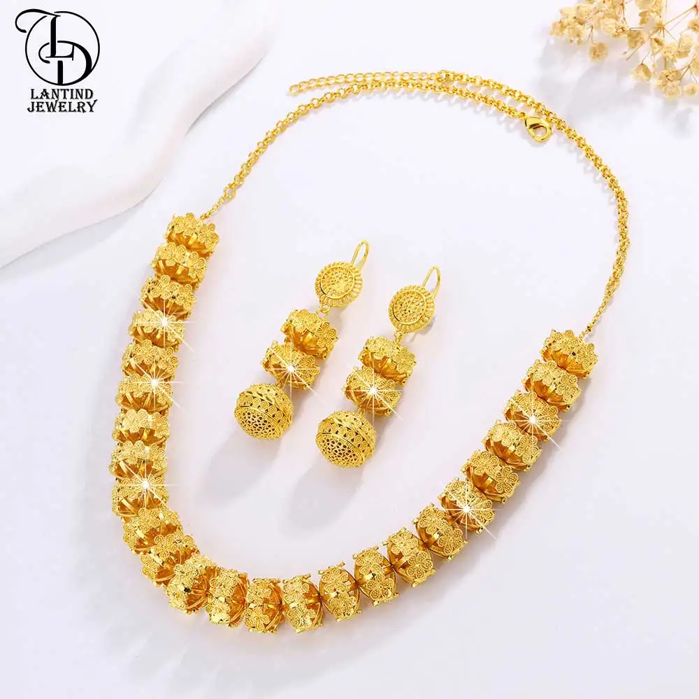 As00034 Dubai 24K Gold-Plated Flower Thick Necklace Middle Eastern Luxury Women's Petal Earrings Jewelry Two-Piece Set