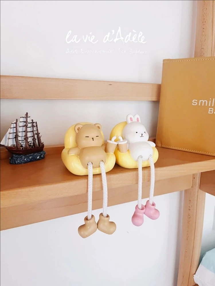 2 unids/set muñeca de pie colgante dibujos animados conejo perezoso oso tumbado figuritas para el hogar regalo de cumpleaños decoraciones para gabinete de vino artesanía de resina