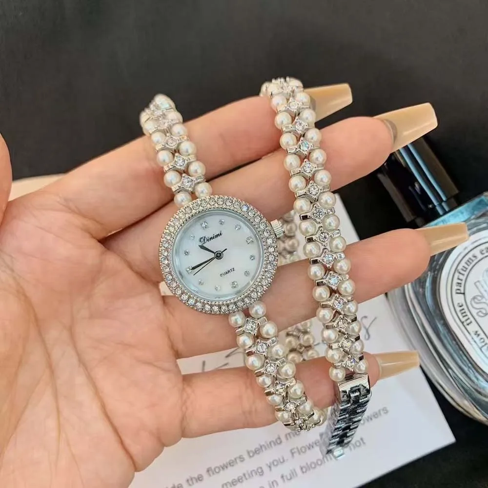 Dinimi Elegant Women's Quartz Watch Mother-of-Pearl Dial  Double-Coiled Extra-Long Pearl Bracelet Women's Vintage-Style Watch