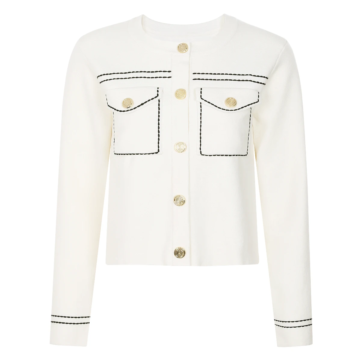 

High Quality Spring And Autumn New Style Temperament Round Neck Bright Edge Knitted Jacket Women's Cardigan