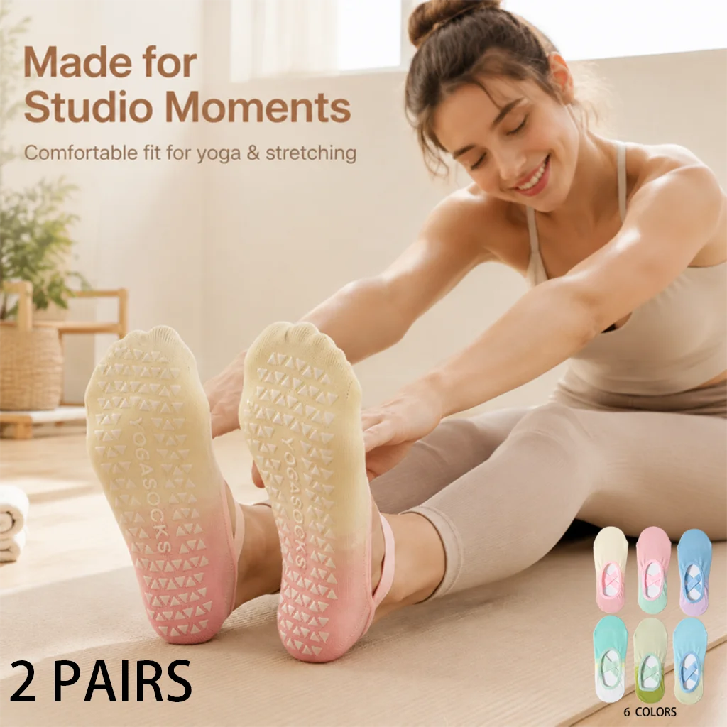2 Pairs of Contrasting Color Silicone Non-Slip Yoga Socks for Women, Professional Pilates Dance Indoor Fitness Socks, Heelless Shallow-Cut Sports Floor Socks