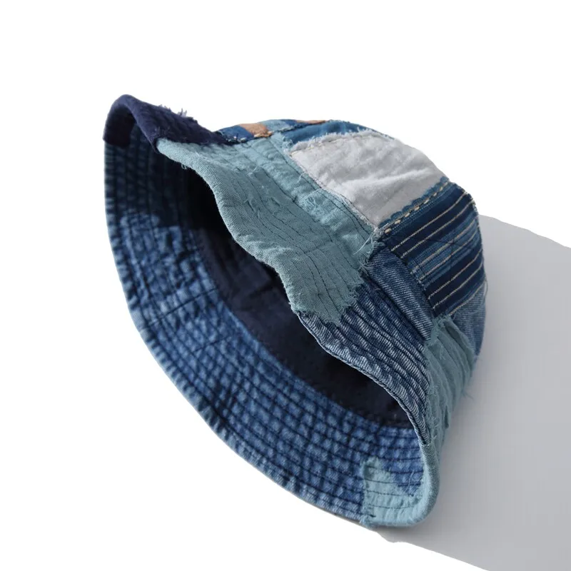 Vintage Boro Style Handmade Patchwork Washed Blue Denim Bucket Hat 100% Cotton Breathable Fisherman Hat Casual Outdoor Sun Cap