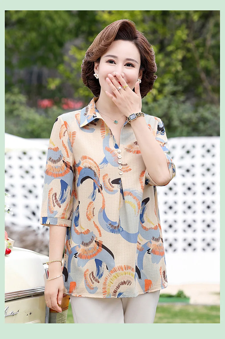 women Chiffon short sleeved top Chinese retro style women's Printed shortsummer 2024 new summer shirt for women's mothers top