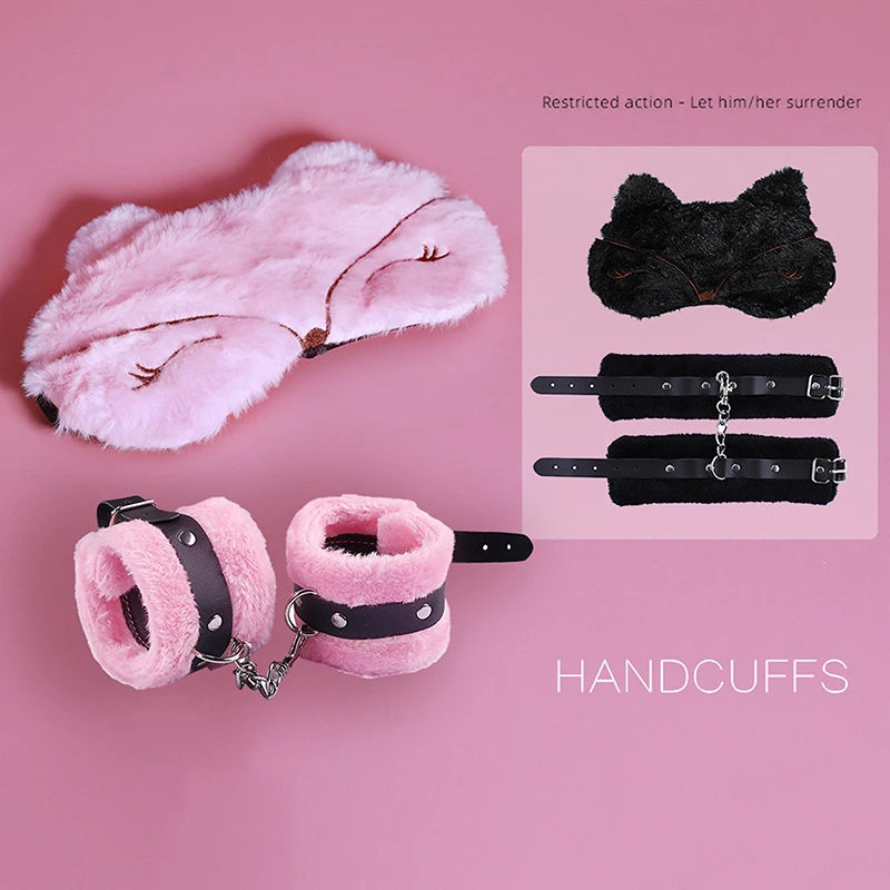 Adjustable PU Leather Plush Handcuffs Blindfold Restraints Bondage Sex Toy Accessories For Women Adults Games - view 2