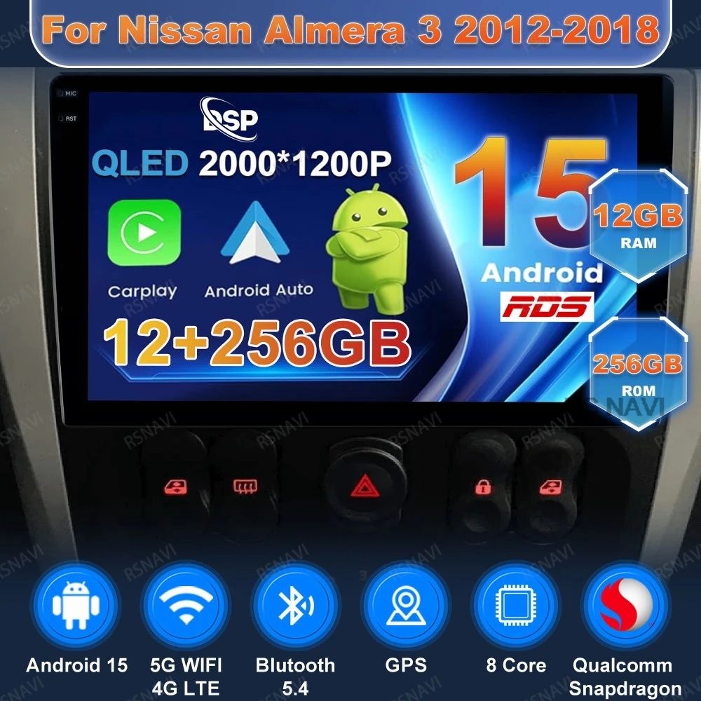 

Android 15 Car Radio For Nissan Almera 3 2012-2018 BT Multimedia Wireless Carplay Auto Stereo GPS Qualcomm 5G WIFI Head Unit DSP