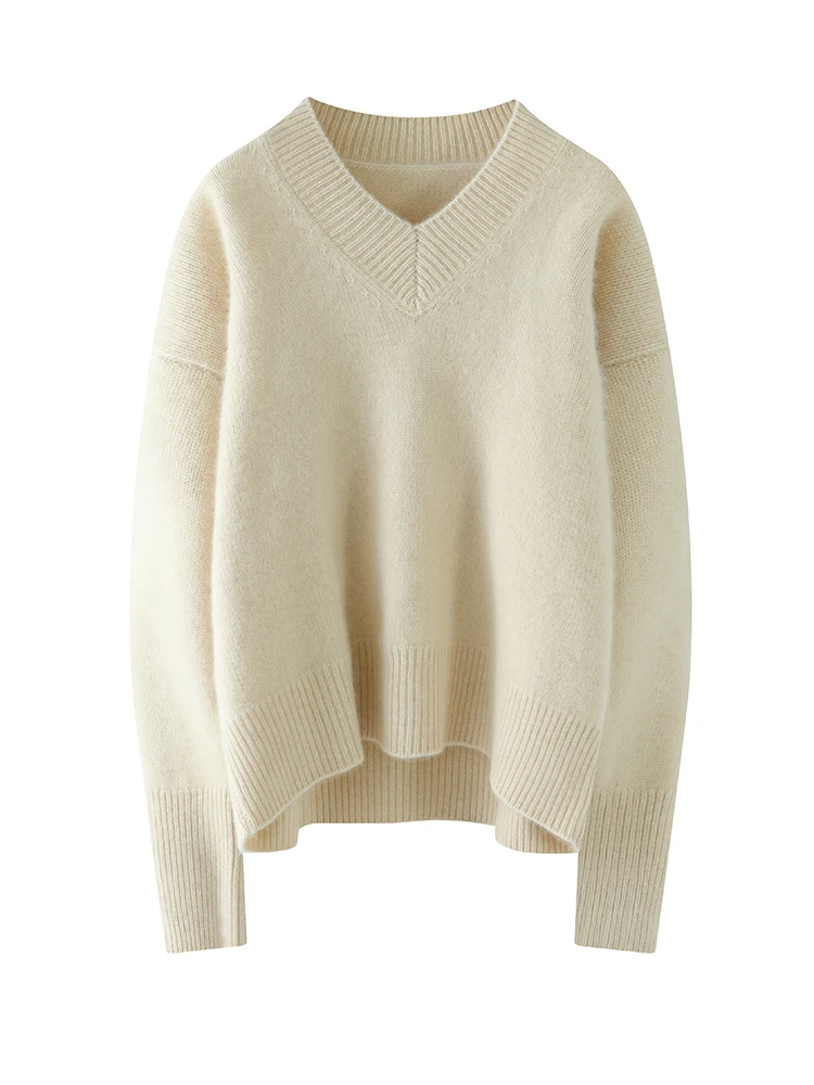 

Chic Women's V-Neck Pullover Casual Loose 100% Cashmere knitwear Autumn Winter High-Quality Luxury Style Sweater Soft Warm Tops