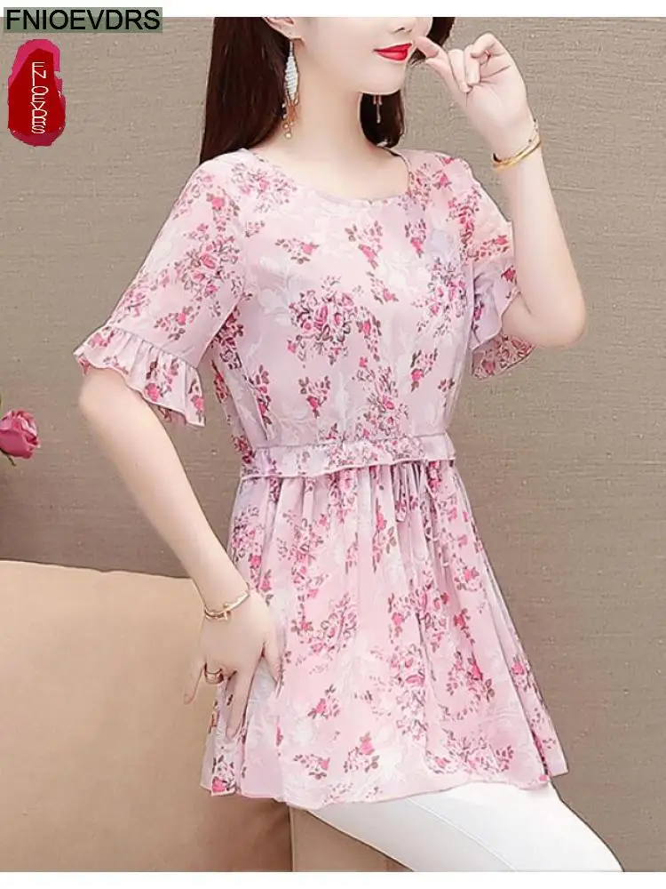 2022 Women Flower Floral Printing Long Tunic Drawstring Lace-Up Chiffon Shirt Blouses Bow Tie Retro Vintage Loose Peplum Tops