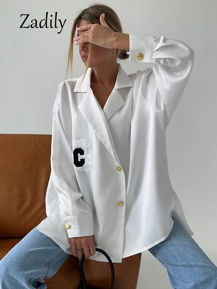 Zadily 2024 Summer Office Lady Women White Shirt Oversize Button Up Work Satin Shirts Notched Collar Woman Blouse Tunic Top