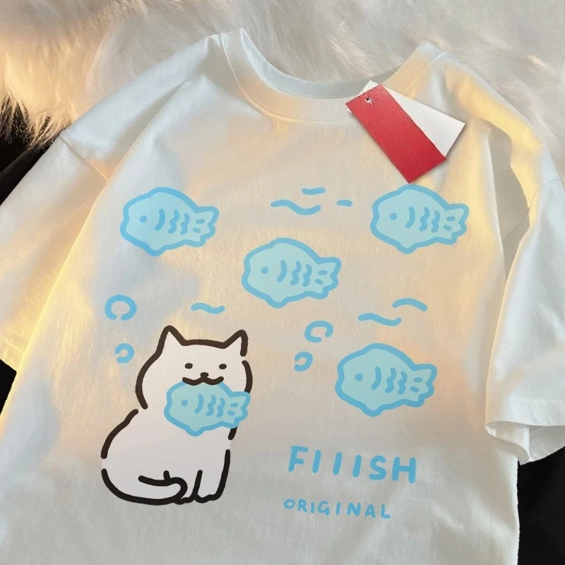 

Летняя футболка с короткими рукавами «Кошка и рыба» на тему рыбы, женская дышащая повседневная футболка для пар, футболки с рисунком, летняя уличная одежда