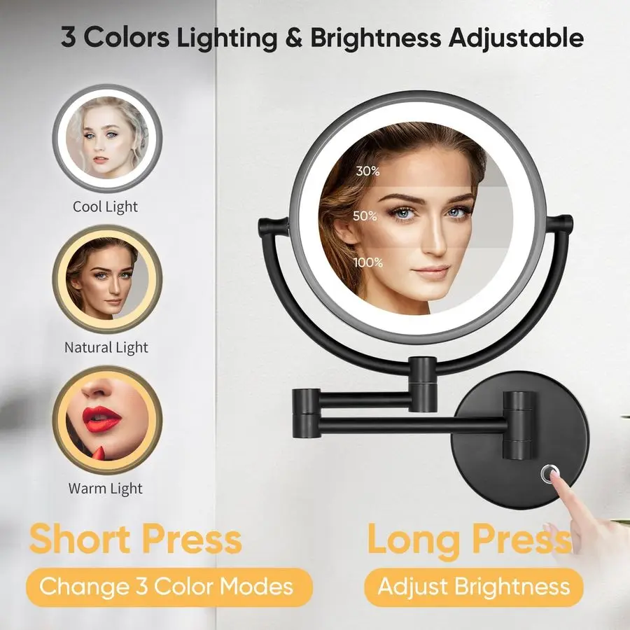 مرآة مكياج سلكية صلبة مثبتة على الحائط مع 3 أضواء LED مرآة مكبرة 10x لغرفة نوم الحمام 13 ذراع قابلة للتمديد مباشرة #2
