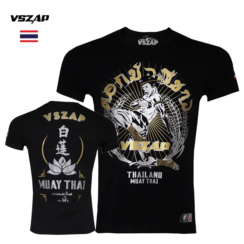 Vzap-short-sleeve T-shirt for men, white lotus, sports, boxing, MMA, fighting, fitness, training, fitness, gold and silver