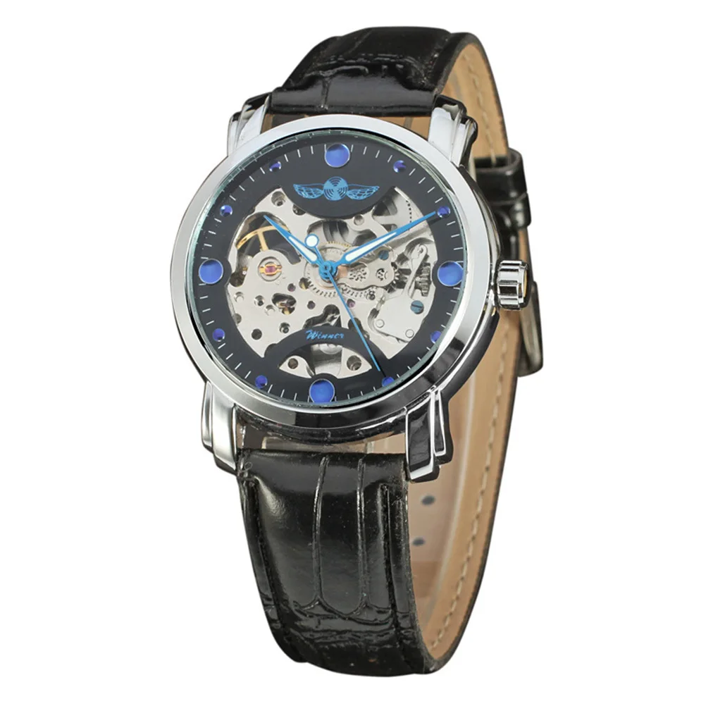 

Men Business Mechanical Wristwatch Black Silver PU Band Automatic Mechanical Watch Hour Minute Second Automatic Wrist Watch