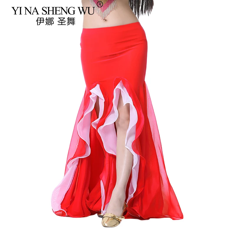 الشرقية تنورة رقص البطن الطابق طول مثير الرقص الشرقي كريستال القطن مزدوجة الشق تنورة تنورة رقص شرقي للنساء 9 ألوان