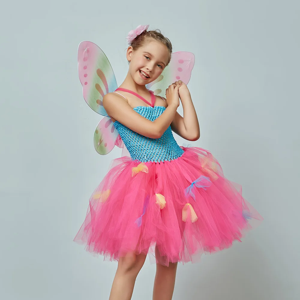 Halloween Butterfly Tutu Dress Vibrant Tulle Skirt Colorful Wing Accessory Floral Head Decor Multi-layer Mesh Matching Ensemble