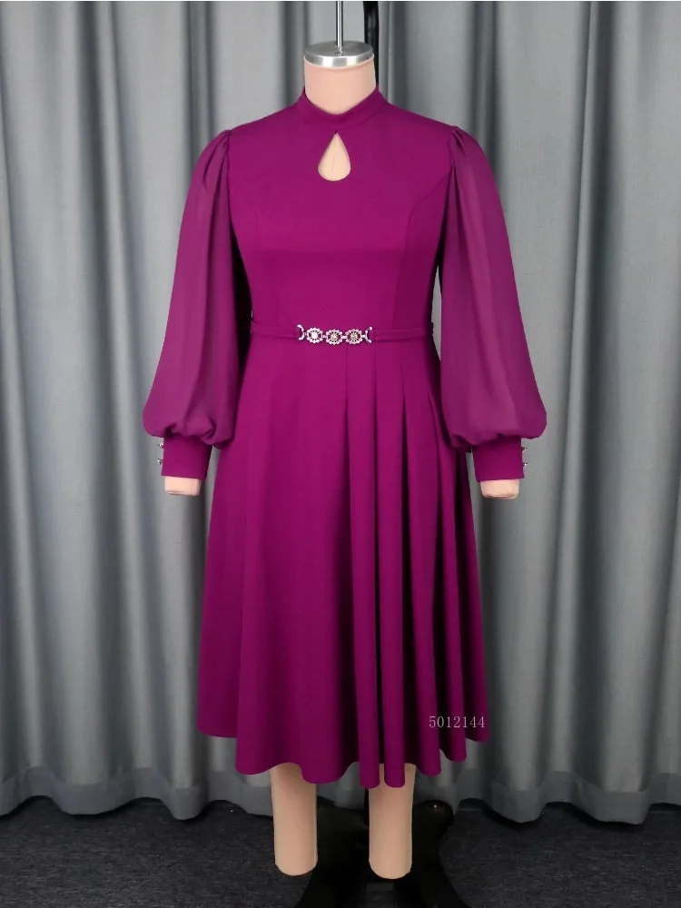 Elegantes Midi-Partykleid für Damen, halbhoher Kragen, Ausschnitt, durchsichtige Laternenärmel, plissiert, Diamant-Taille, edles Abend- und Urlaubsoutfit