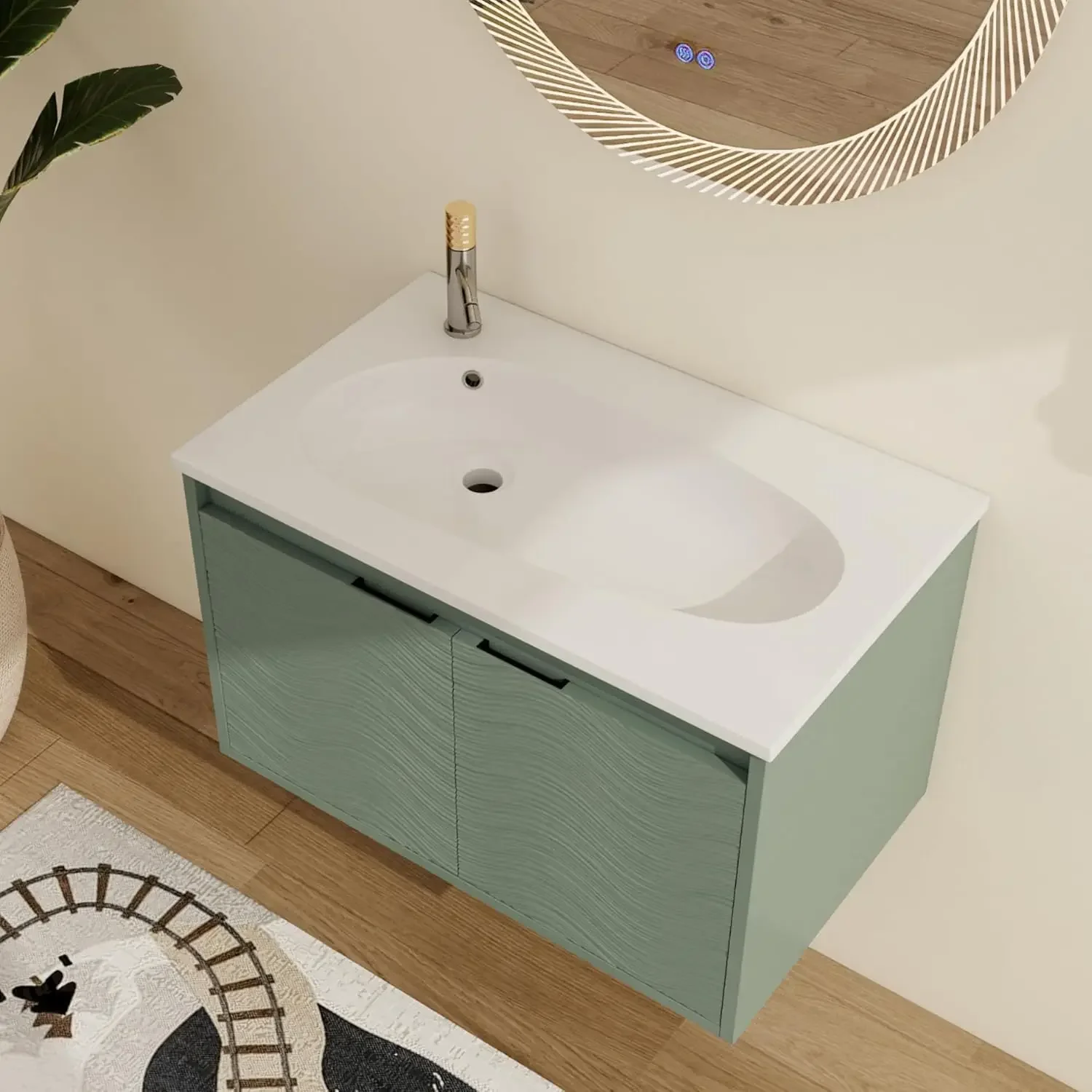 

30 Inch Floating Bathroom Vanity, 30'' Single Sink Wall Mounted Bathroom Vanity, with 2 Doors and White Waterdrop Gel Coat Basin