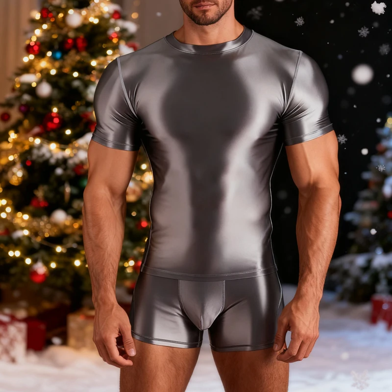 Men's glossy yoga casual high elasticity sports fitness suit Tight shorts for running, shiny smooth Top + shorts swimsuit