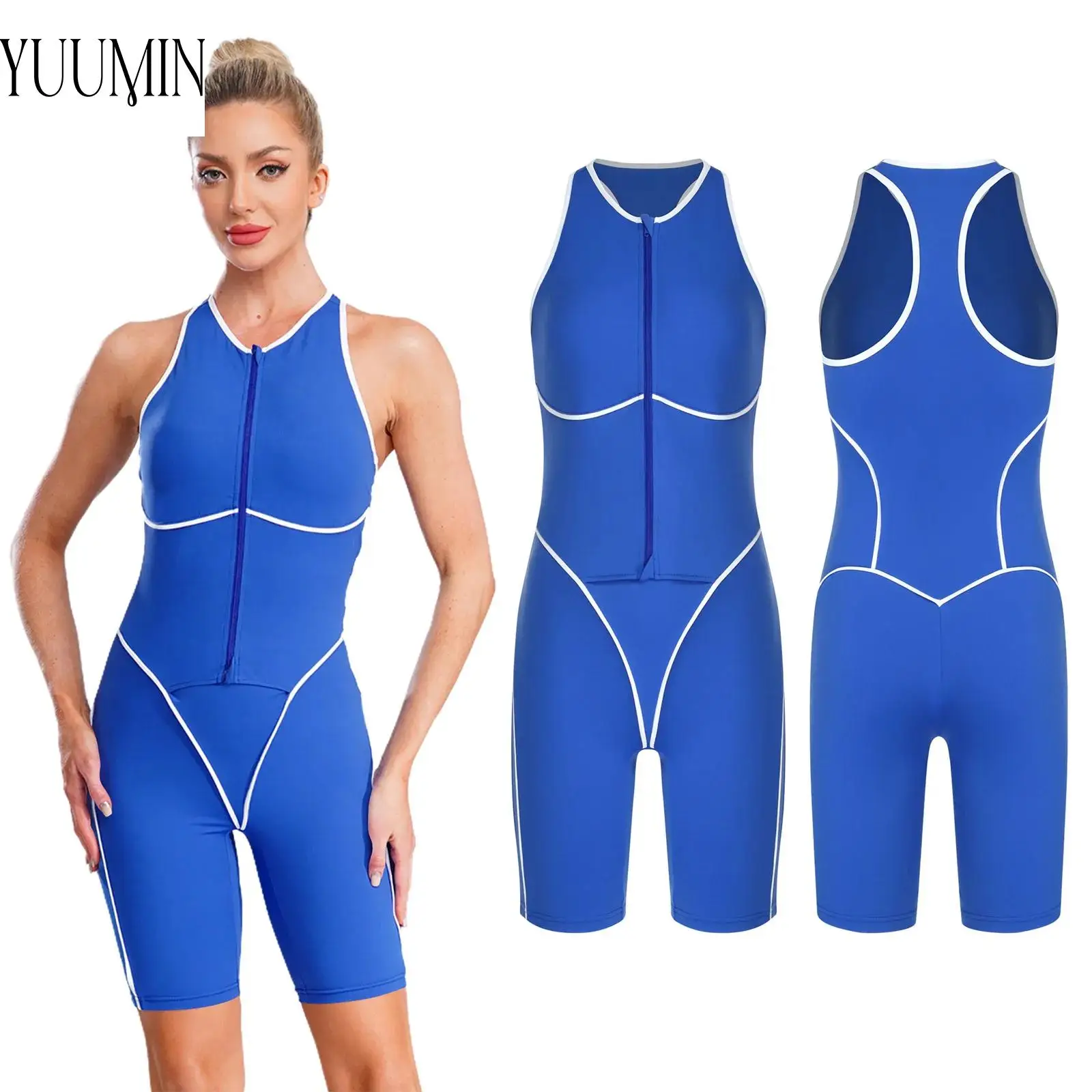 

Womens Stretchy Yoga Sports Bodysuit Sleeveless Build-In Chest Pads Zip-Up Shorts Jumpsuit for Indoor Outdoor Sports Activities