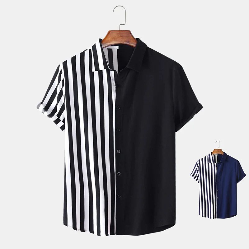 Summer New Mens Vintage Striped Shirts Fashion Casual Black White Patchwork Short Sleeve Hawaii Shirts For Men Camisas De Hombre