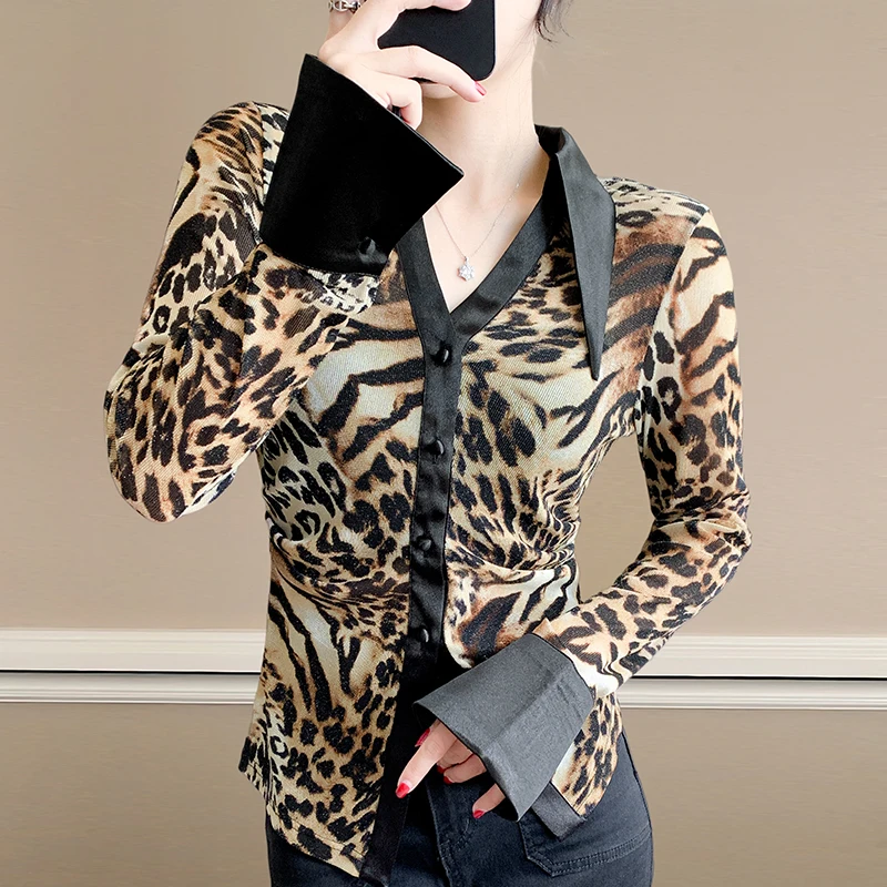 Y2K Fashion Top Slimming Leopard Print Shirt Long Sleeve Versatile Base Layer Autumn Winter Style