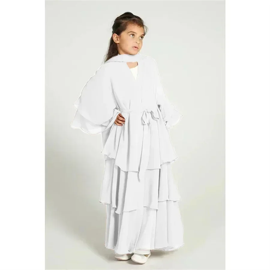 2025 Eid Musulmano Bambini Abaya Ragazze Abito in chiffon Moda Solido Lungo Caftano Abito Arabo Abbigliamento islamico per bambino Abito da preghiera modesto