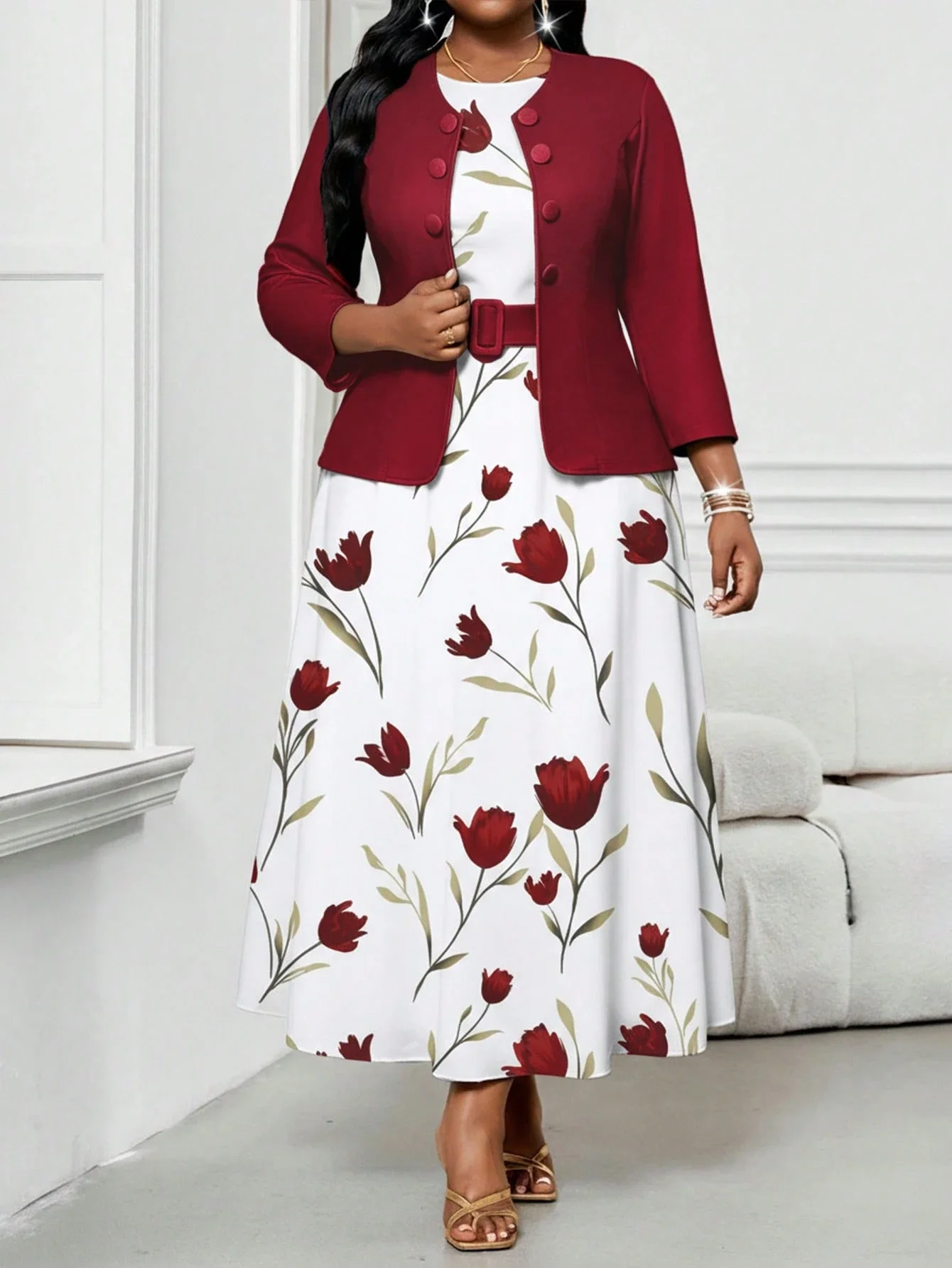 

Elegant Floral Print White Midi Dress With Burgundy Blazer Set