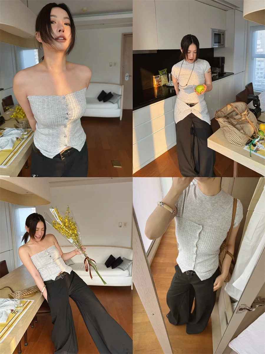 MOEROP DIY Mehrfarbig Gestrickte ort Sve Brautjungfer Top Und Bot Set Frühling Sommer Neue Sle Stand Fit Damen T-shirt