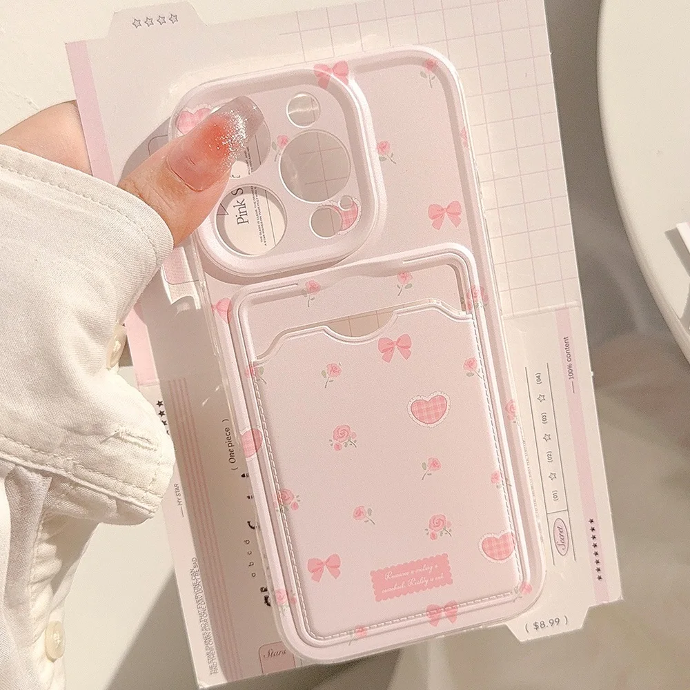

Korean Cute Pink Rose Card Holder Phone Case For iPhone 17 Air 16 15 14 13 12 11 Pro Max X XR Plus Wallet Shockproof Soft Cover
