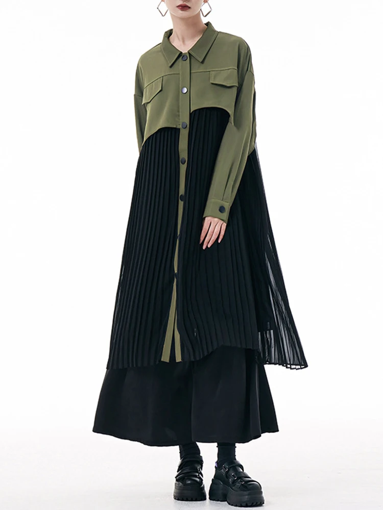 [EAM] Women Army Green Pleated Spliced Big Size Midi Shirt Dress New Lapel Long Sleeve Fashion Tide Spring Autumn 2024 1DH6927