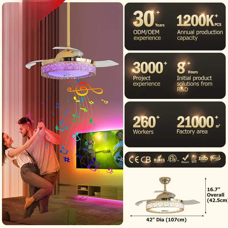 ceiling fan pop ceiling fan light design retractable folding blade  Disco music ceiling fan