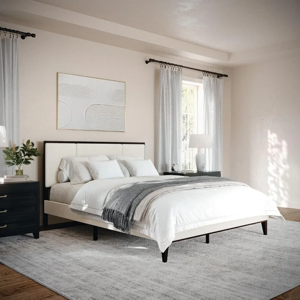 

Platform Bed with Headboard, Fabric Upholstered Inset Headboard and Base, Solid Wood Frame, No Box Spring Needed|