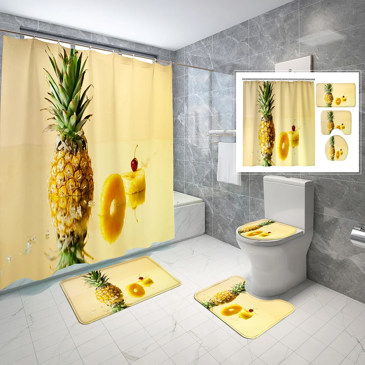 4 PCS Pineapple Shower Curtain Sets,Creativity Funny Fruit Bathroom Waterproof Bath Curtain,Non-Slip Bath Mat Toilet Cover Set