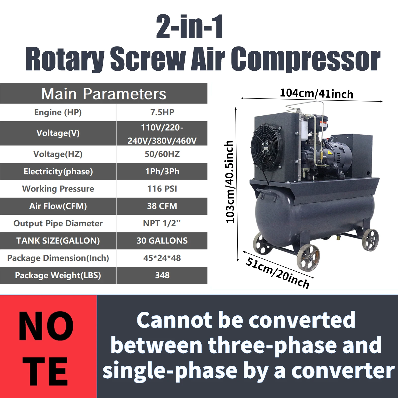 5.5KW/7.5HP 2In1 Air Compressor 220V/60HZ Variable Speed Frequency Screw Air Compressor 1ph/3ph Industrial Air Compressor 38CFM