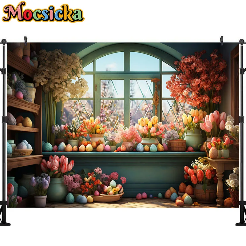 Fondo de fotografía de conejito de Pascua de primavera, huevos, flores de jardín, decoración de retrato de fiesta de cumpleaños para niños, cartel de estudio fotográfico