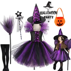 2 Pieces Witch Tutu Dress with Hat Girls All Saint's Day Bruja Wizard Costume Role Play Toddler Halloween Party Fairy Witch Gown