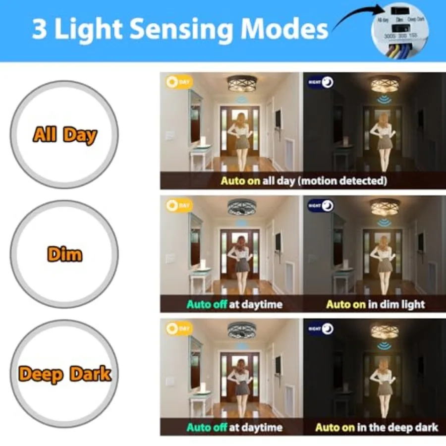 Adjustable Motion Sensor Flush Mount Ceiling Lights, 3-Light Outdoor Ceiling Light Fixture for Entryway, Hallway, Porch, Patio,