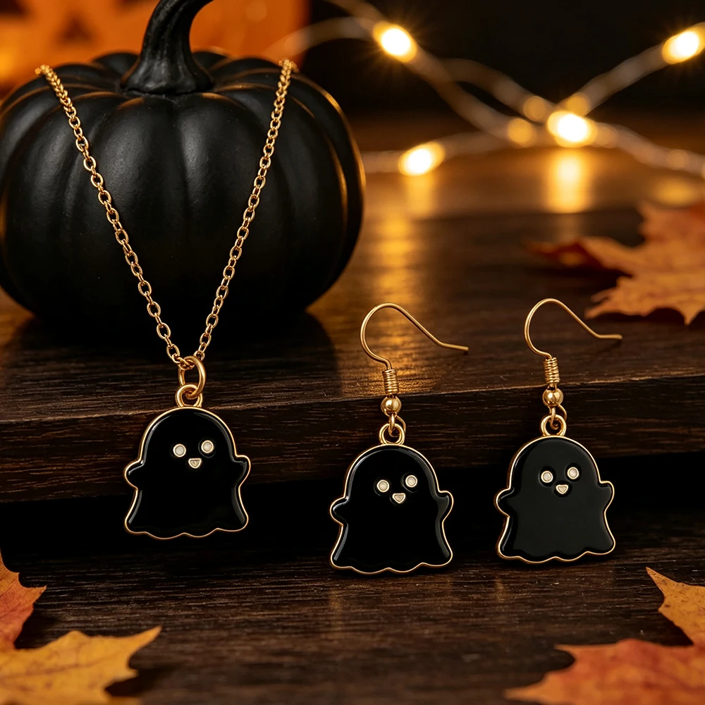 Halloween Cute Ghost Jewelry Set, Oil-Drip Small Ghost Necklace and Earrings Two-Piece Set, Holiday Party Accessory Gift