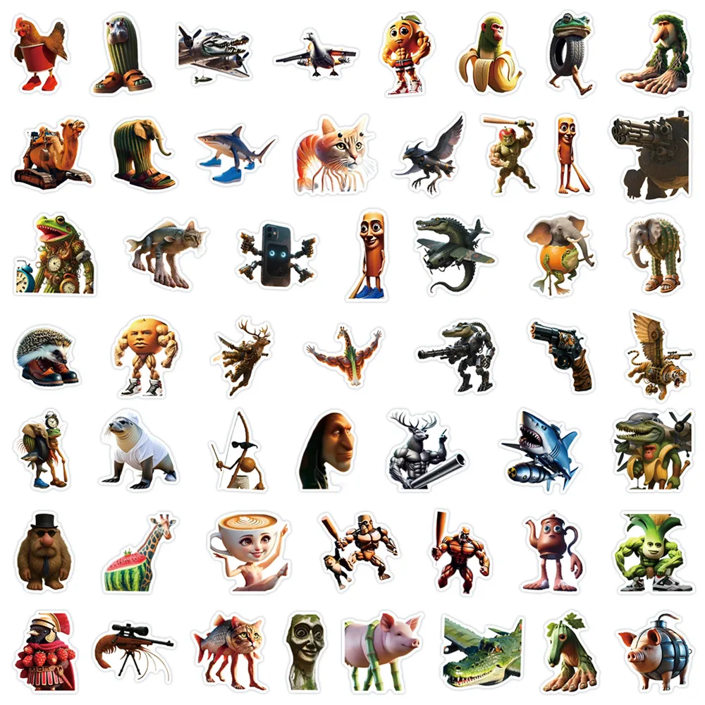 50Pcs Mixed Weird Anthropomorphic Animal Cartoon Decorative Stationery Cups Computer Waterproof Stickers