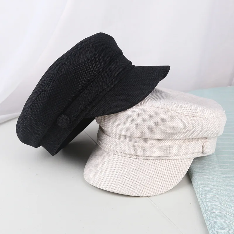 Beret Cap Woman Cotton Linen Sailor Captain Caps Retro Breton Beret Cap Flat Top Newsboy Fisherman Hat Unisex