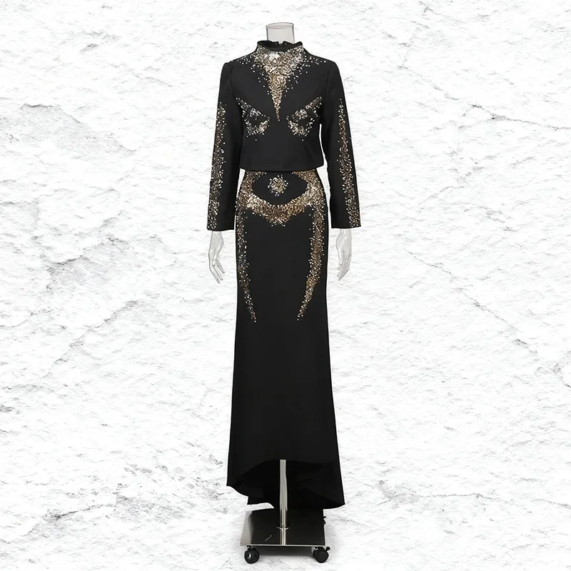 ZAMOR HIGH STREET 2026 New French Lady Style Half High Neck Rhinestone Short Top High Waist Slim Fit Straight Skirt Set for Wome