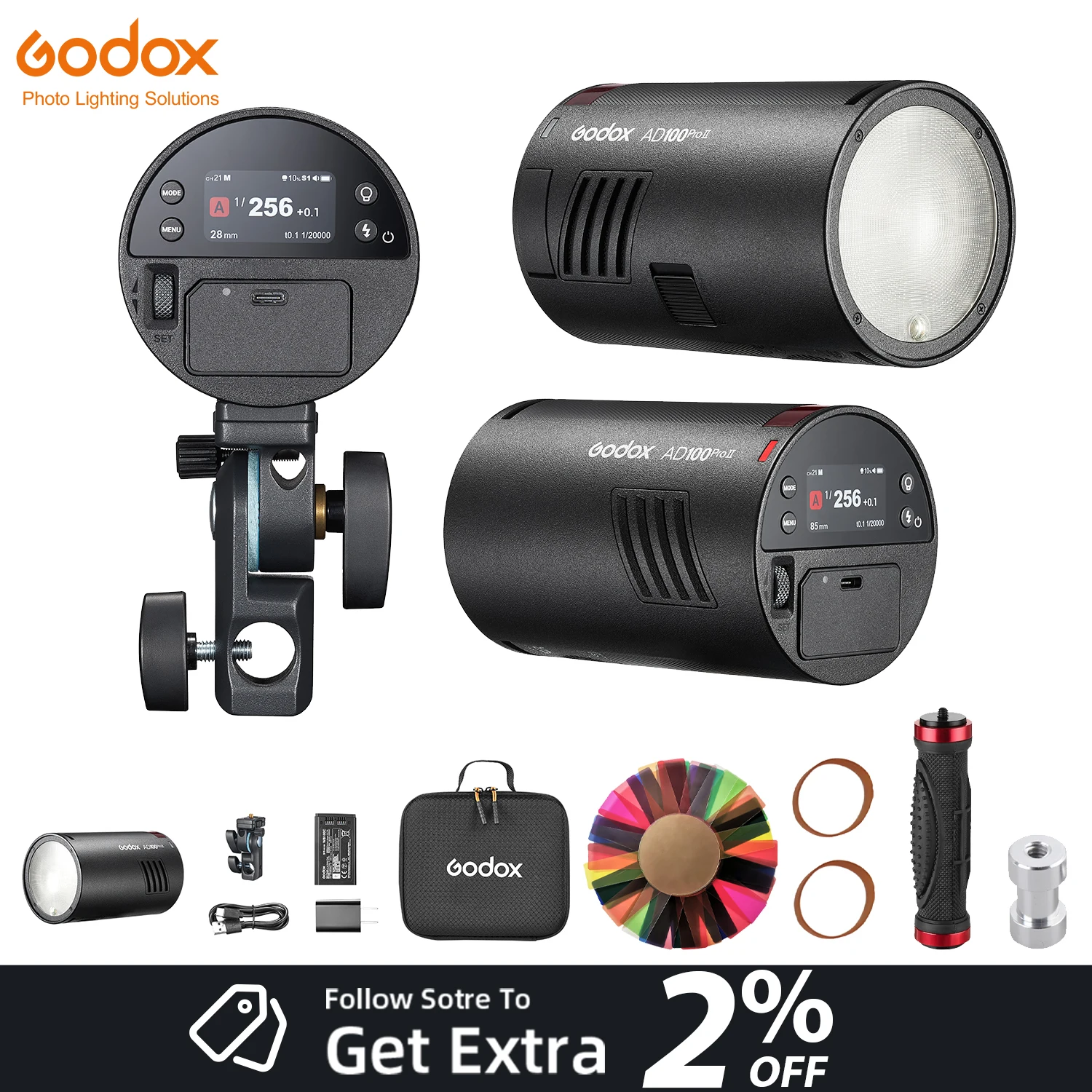 

GODOX AD100PROII With 20 Colors Filter & Handle Gift Kit HSS TTL Pocket Flash Full-Power Flashes HD Screen Flash Light Speedlite